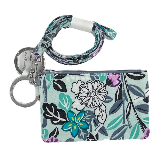 Vera Bradley Penelope’s Garden Lighten Up Zip ID and Lanyard, Green, Purple - Picture 1 of 6